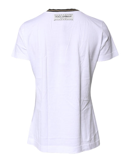 Dolce & Gabbana White Printed Round Neck Top Cotton T-shirt
