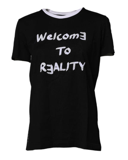 Dolce & Gabbana Black Printed Round Neck Top Cotton T-shirt