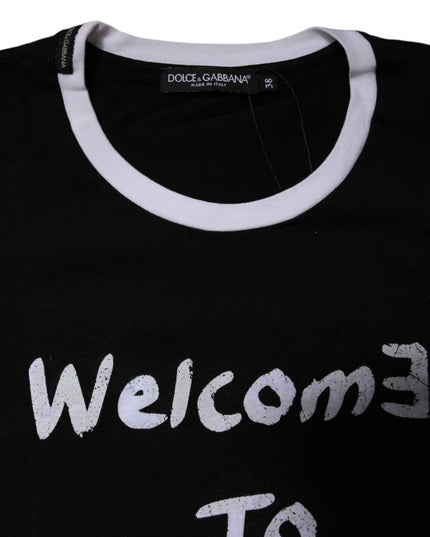 Dolce & Gabbana Black Printed Round Neck Top Cotton T-shirt