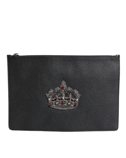 Dolce & Gabbana Black Calfskin Crown Embellished Clutch Pouch Bag