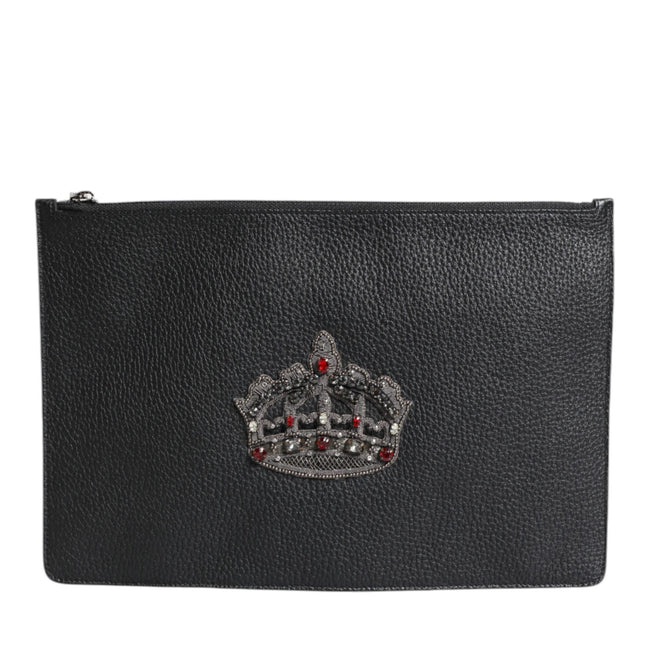 Dolce & Gabbana Black Calfskin Crown Embellished Clutch Pouch Bag