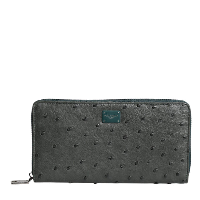 Dolce & Gabbana Green Ostrich Logo Plaque Zip Around Continental Wallet