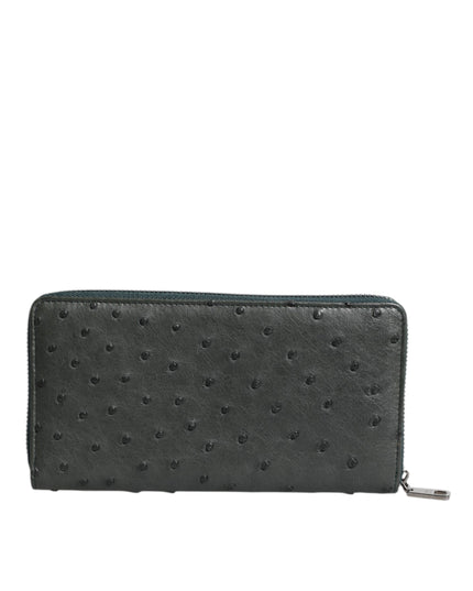 Dolce & Gabbana Green Ostrich Logo Plaque Zip Around Continental Wallet