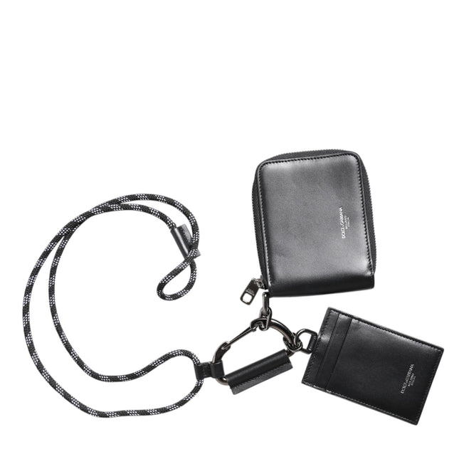 Dolce & Gabbana Black Leather Lanyard Zip Around Card Holder Wallet