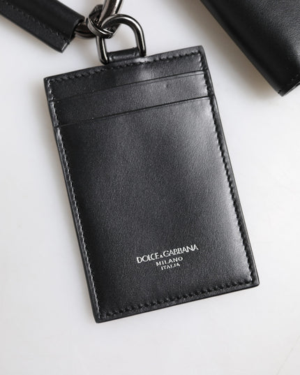 Dolce & Gabbana Black Leather Lanyard Zip Around Card Holder Wallet