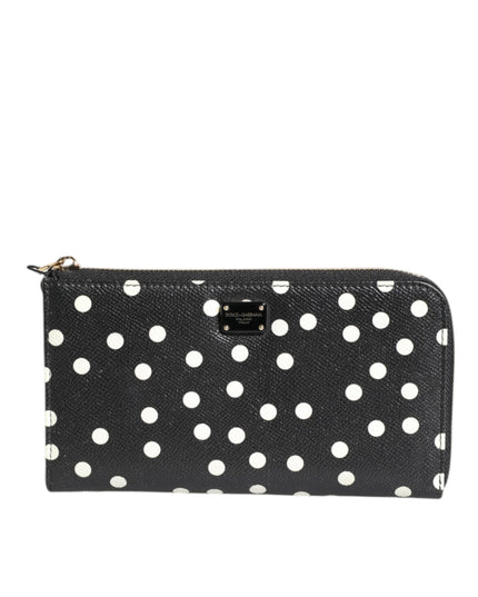 Dolce & Gabbana Black White Dotted Leather Zip Around Continental Wallet