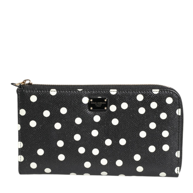 Dolce & Gabbana Black White Dotted Leather Zip Around Continental Wallet
