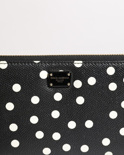 Dolce & Gabbana Black White Dotted Leather Zip Around Continental Wallet