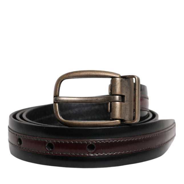 Dolce & Gabbana Black Burgundy Calfskin Metal Logo Buckle Belt