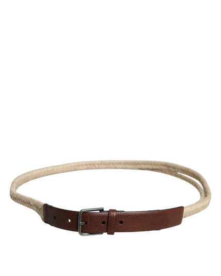 Dolce & Gabbana Brown Jute Leather Woven Metal Buckle Belt