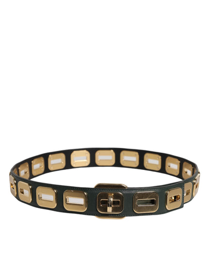 Dolce & Gabbana Green Leather Gold Tone Rotating Buckle Belt