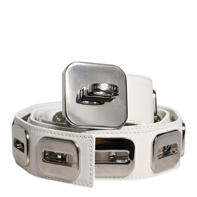 Dolce & Gabbana White Leather Gold Tone Rotating Buckle Belt