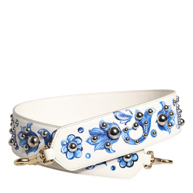 Dolce & Gabbana White Blue Floral Leather Stud Shoulder Strap