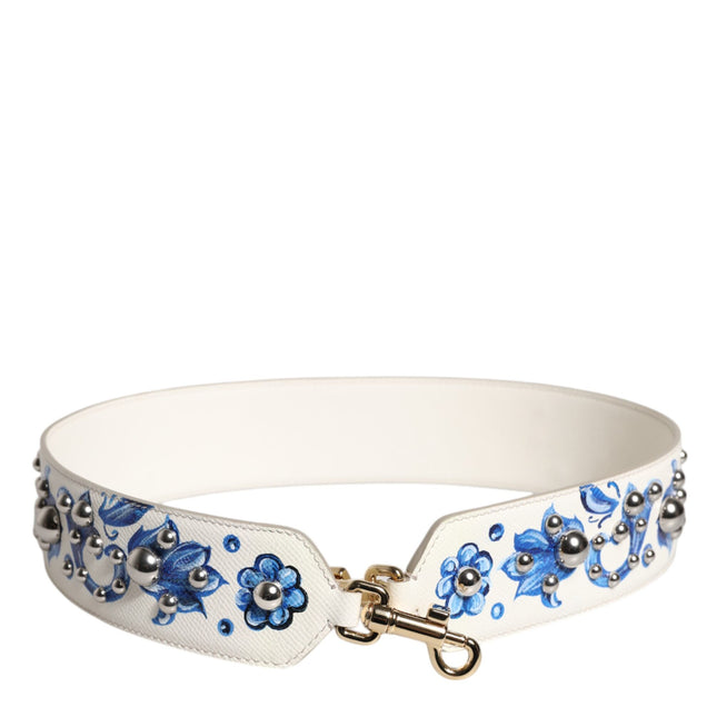 Dolce & Gabbana White Blue Floral Leather Stud Shoulder Strap