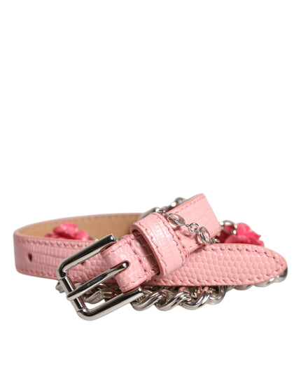 Dolce & Gabbana Pink Embelished Roses Textured Leather Belt