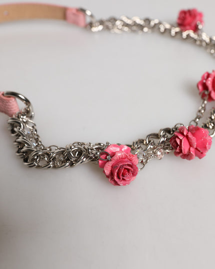 Dolce & Gabbana Pink Embelished Roses Textured Leather Belt