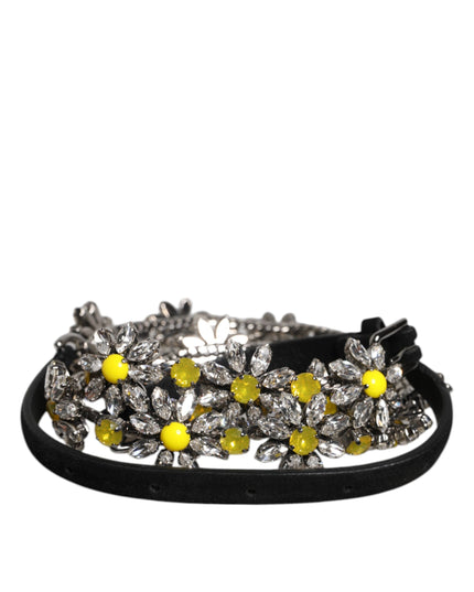 Dolce & Gabbana Black Leather Daisy Crystal Embellish Waist Belt