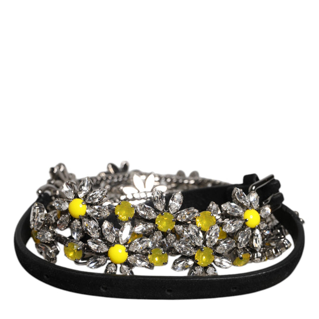 Dolce & Gabbana Black Leather Daisy Crystal Embellish Waist Belt