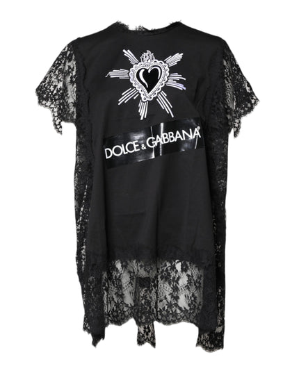 Dolce & Gabbana Black Lace Sheer Sacred Heart Crew Neck Top