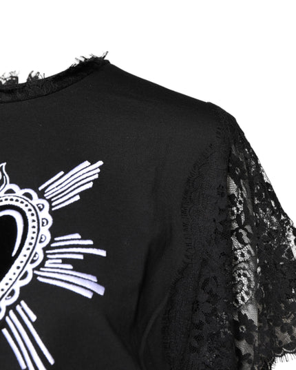Dolce & Gabbana Black Lace Sheer Sacred Heart Crew Neck Top