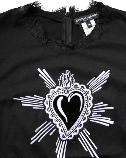 Dolce & Gabbana Black Lace Sheer Sacred Heart Crew Neck Top