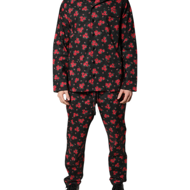 Dolce & Gabbana Black Floral Print Cotton Men Pajama Set Sleepwear