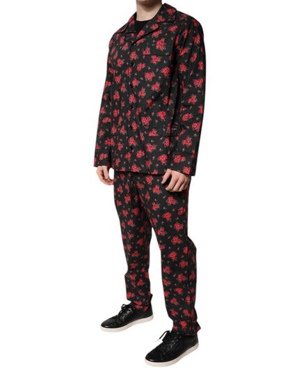 Dolce & Gabbana Black Floral Print Cotton Men Pajama Set Sleepwear