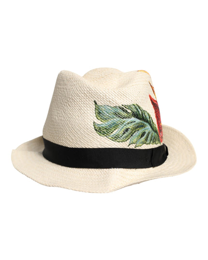 Dolce & Gabbana Beige Floral Print Straw Wide Brim Fedora Hat