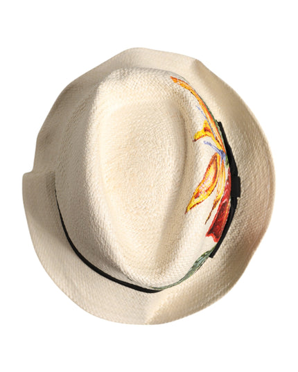 Dolce & Gabbana Beige Floral Print Straw Wide Brim Fedora Hat