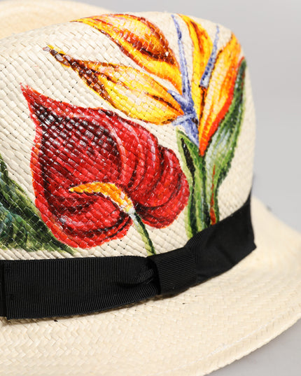 Dolce & Gabbana Beige Floral Print Straw Wide Brim Fedora Hat