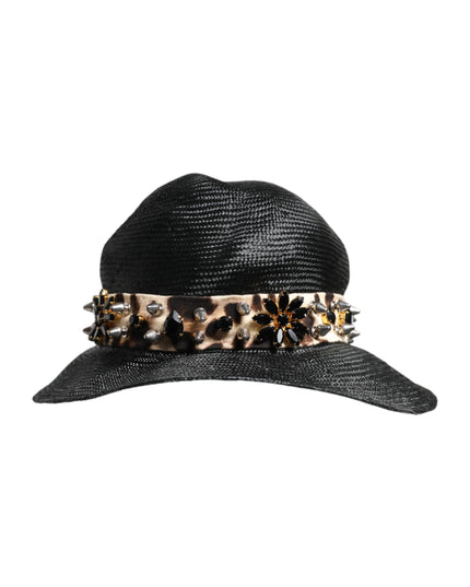 Dolce & Gabbana Black Straw Crystal Embellished Wide Brim Hat