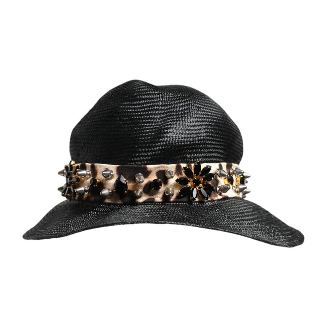 Dolce & Gabbana Black Straw Crystal Embellished Wide Brim Hat