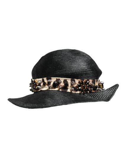 Dolce & Gabbana Black Straw Crystal Embellished Wide Brim Hat