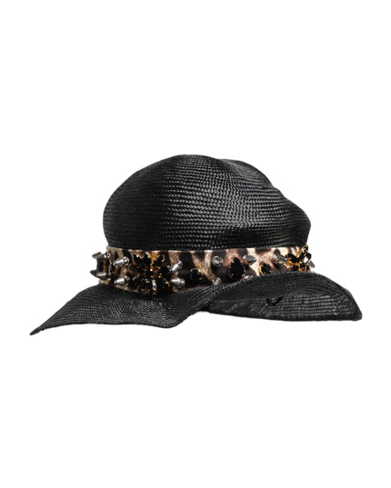 Dolce & Gabbana Black Straw Crystal Embellished Wide Brim Hat