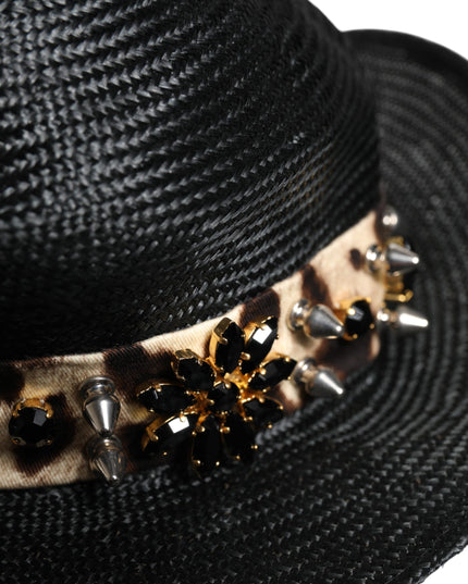 Dolce & Gabbana Black Straw Crystal Embellished Wide Brim Hat