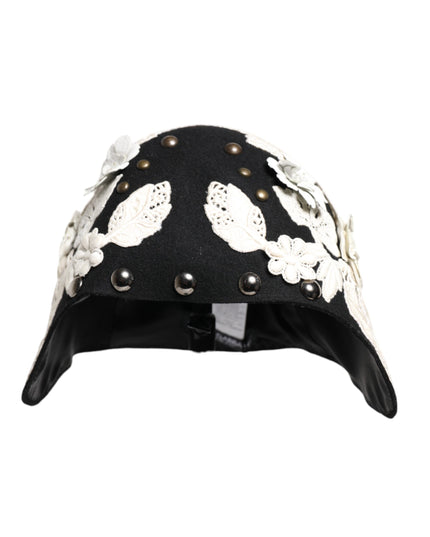 Dolce & Gabbana Black Wool White Floral Gold Leaf Cloche Hat