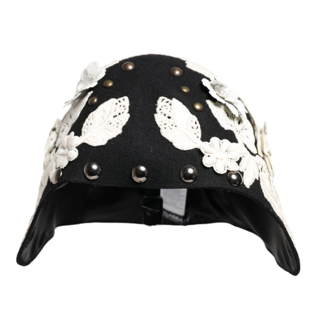 Dolce & Gabbana Black Wool White Floral Gold Leaf Cloche Hat