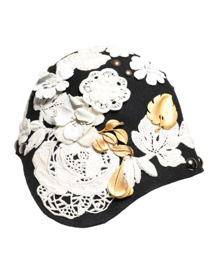 Dolce & Gabbana Black Wool White Floral Gold Leaf Cloche Hat