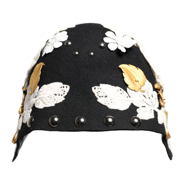Dolce & Gabbana Black Wool White Floral Gold Leaf Cloche Hat