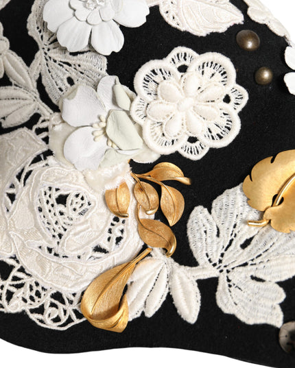 Dolce & Gabbana Black Wool White Floral Gold Leaf Cloche Hat