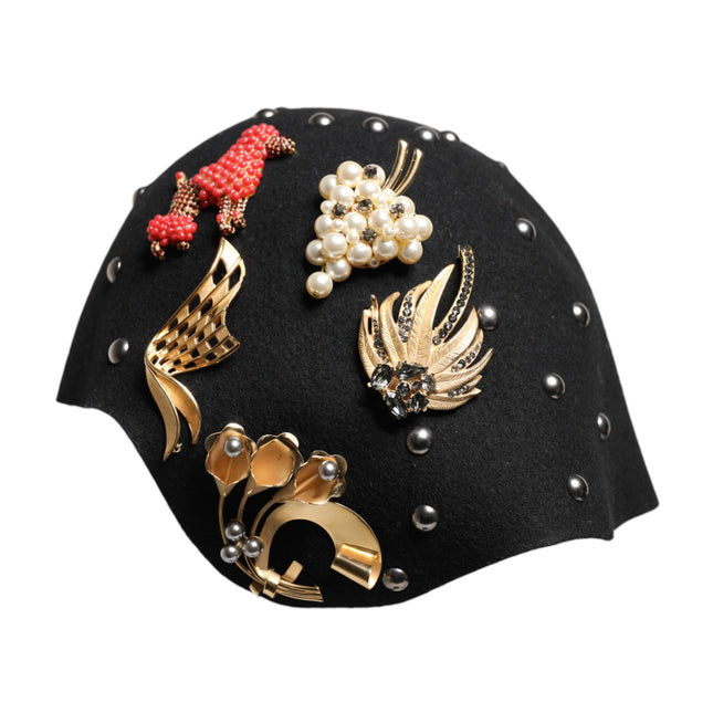 Dolce & Gabbana Black Wool Multicolor Embellished Cloche Hat