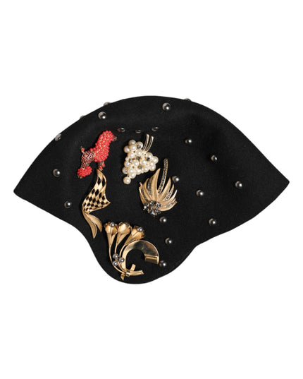 Dolce & Gabbana Black Wool Multicolor Embellished Cloche Hat