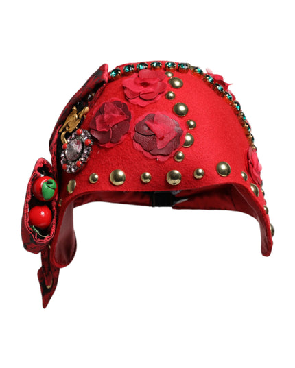 Dolce & Gabbana Red Crystal Gold Roses Brooch Embellished Hat