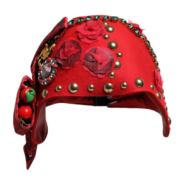Dolce & Gabbana Red Crystal Gold Roses Brooch Embellished Hat