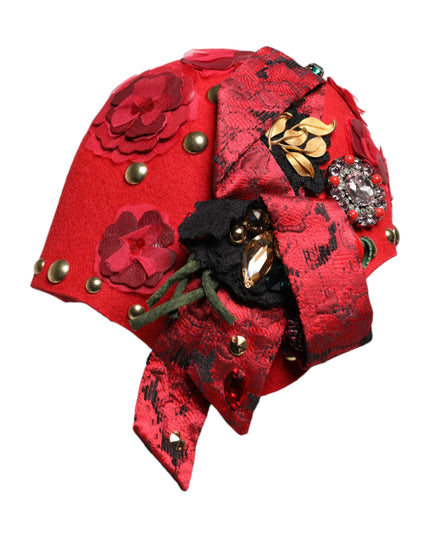 Dolce & Gabbana Red Crystal Gold Roses Brooch Embellished Hat