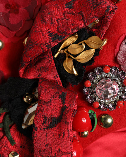 Dolce & Gabbana Red Crystal Gold Roses Brooch Embellished Hat