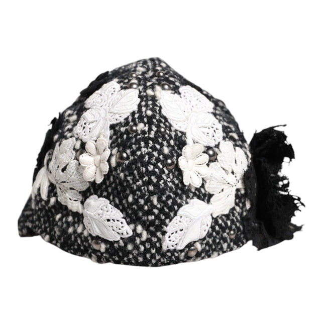 Dolce & Gabbana Black Wool White Floral Embellished Cloche Hat