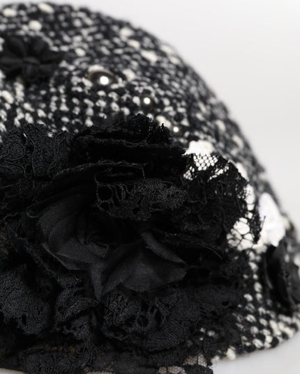 Dolce & Gabbana Black Wool White Floral Embellished Cloche Hat