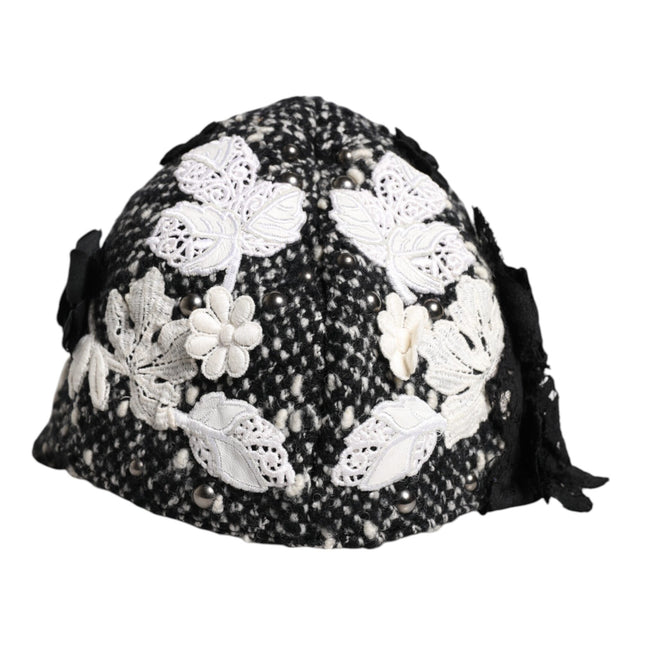 Dolce & Gabbana Black Wool White Floral Embellished Cloche Hat