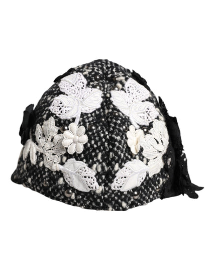 Dolce & Gabbana Black Wool White Floral Embellished Cloche Hat